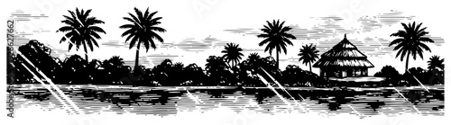 Panoramic tropical landscape with palm trees and a hut in woodcut engraving style