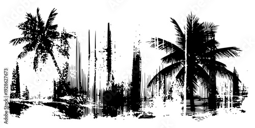 Distressed grunge tropical landscape illustration with palm tree silhouettes