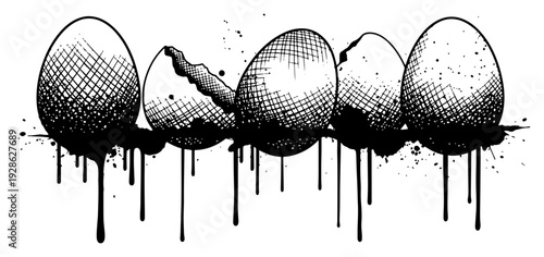 Row of decorated Easter eggs with dripping ink splatters in edgy engraving style