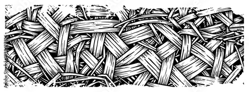 Detailed messy woven straw or wicker texture in vintage woodcut style
