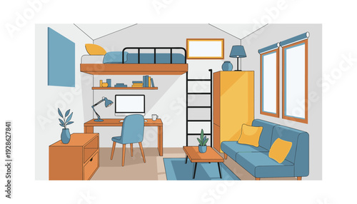 Cozy modern studio apartment with loft bed and comfortable seating area