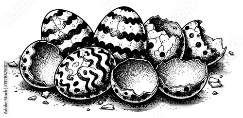Collection of patterned easter eggs and broken eggshells in vintage style