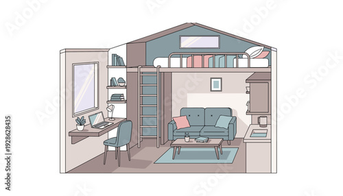 Cozy modern studio apartment with loft bed and desk area