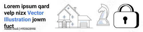 Real estate, security, strategy, risk management, property protection, decision-making. House, chess knight and padlock visuals. Real estate and security concept