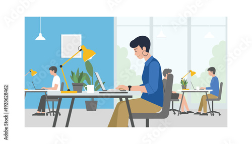 People working diligently in modern office space with large windows