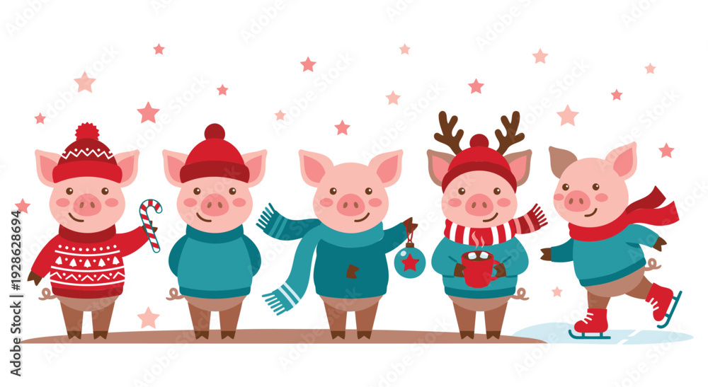 Fototapeta premium Adorable group of pigs dressed in sweaters scarves and hats. Festive characters skating and holding cocoa against starry background. Charming winter holiday scene with pink pigs and blue outfits.