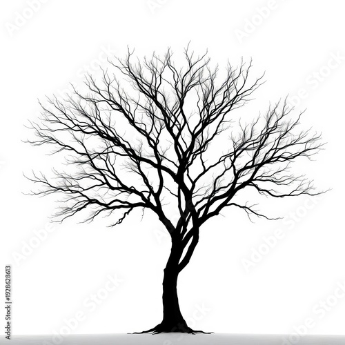 A stark skeletal tree, rendered as a graphic vector silhouette against a pure white void, its branches reaching like abstract calligraphy ,  line art,  high key