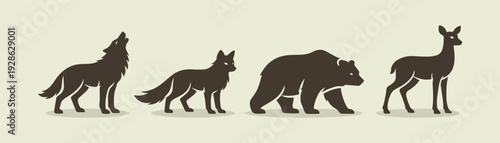 Forest Wildlife Silhouette Collection with Ground Shadows – Wolf, Fox, Bear and Deer Vector Set on Natural Background, Woodland Animal Illustration for Logo, Branding, Outdoor and Eco Design