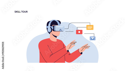 Man wearing VR headset interacting with digital icons