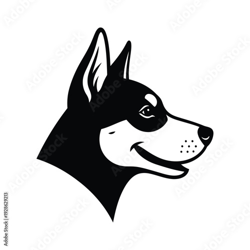 A stylized black and white illustration of a happy husky dog looking to the side