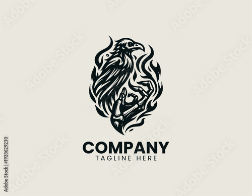 Stylized skeletal bird held by hand with flame backdrop is presented as bold monochrome vector logo on clean white background