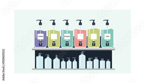 Variety of scented and unscented hand soap dispensers on shelf