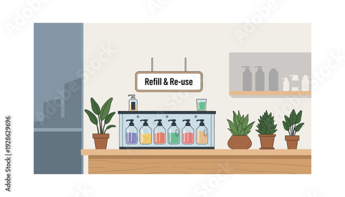 Modern refill station with eco-friendly products and plants