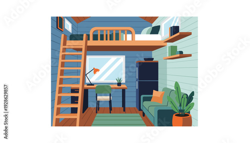 Cozy studio apartment with loft bed and modern furniture