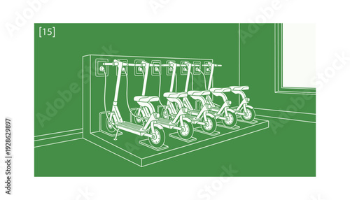 Electric scooters on charging station in modern urban setting