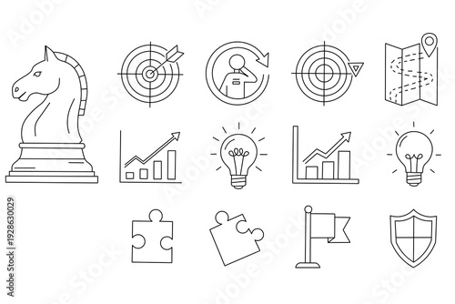A collection of line icons themed around business strategy, data analysis, target achievement, and problem solving