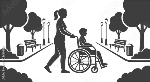 Black and white illustration showing woman assisting child in wheelchair. Scenic park setting with trees benches and street lamps along pathway. Meaningful depiction of care and outdoor mobility.