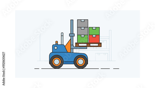 Vibrant forklift transporting colorful boxes on pallet in warehouse