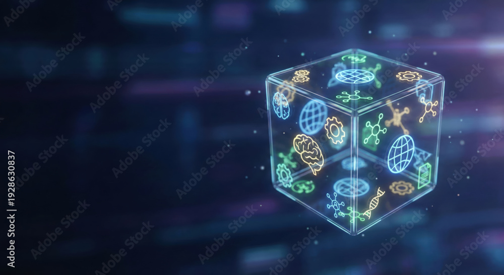 Fototapeta premium Neon cube digital cube technology artificial intelligence machine learning neural network data innovation future science neon cube digital cube technology artificial intelligence machine learning