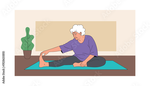Senior woman stretching on yoga mat at home with plant
