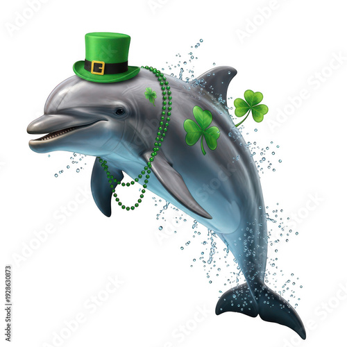 Dolphin wearing a green hat and beads for st patricks day isolated on transparent background