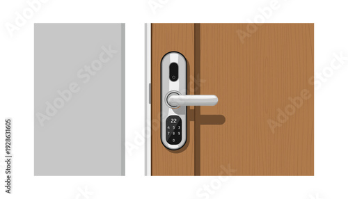 Modern electronic door lock with keypad and handle on wooden door