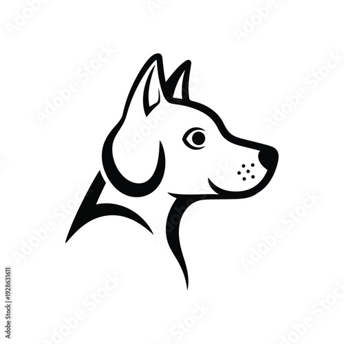 Stylized black and white silhouette of a focused dog with pointed ears
