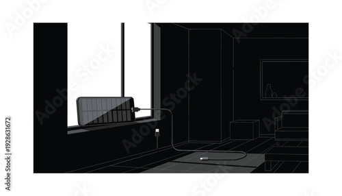 Modern workspace with smartphone on solar panel near window