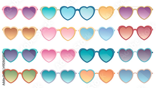 Stylish Pastel Sunglasses Silhouette Vector Set with Heart Star Cat Eye and Round Frames