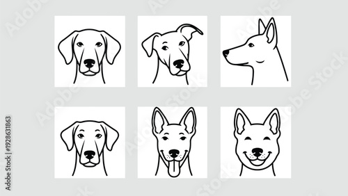 Whimsical line drawings of various stylized dog breeds in a playful and cartoonish manner