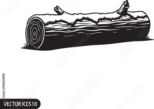 Black and white of a fallen tree log with grass wood desig