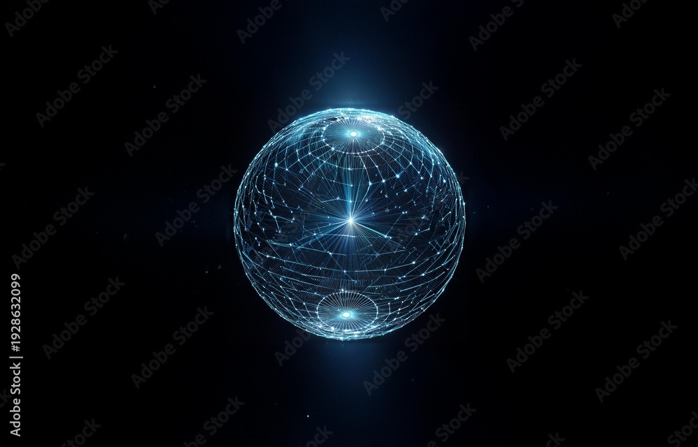 Naklejka premium A glowing sphere, composed of interconnected lines and dots, floats in the dark abyss.