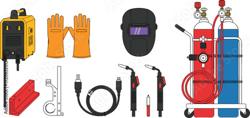Welding Equipment Set with Protective Gear, Gas Cylinders, and Tools for Industrial Use