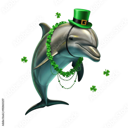 A dolphin wearing a st patricks day hat and beads isolated on transparent background