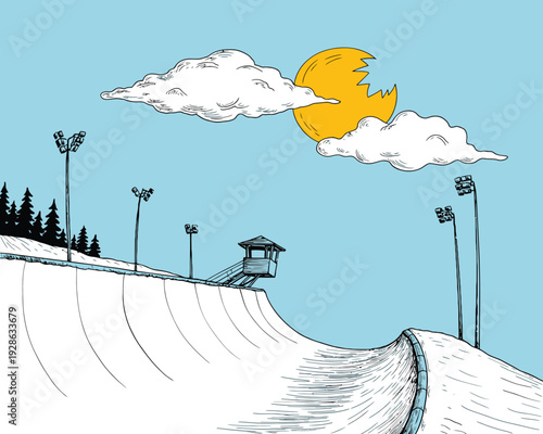 Snowy ski slope, sunlit winter sports scene featuring floodlit ski run and clear sky, alpine resort landscape for tourism and outdoor activity graphics.