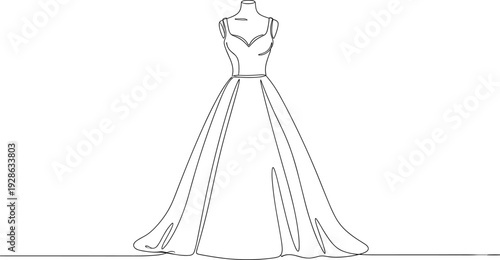 Minimalist Wedding Gown Illustration with Sweetheart Neckline, Thin Straps, Fitted Bodice, Voluminous Pleated Floor‑Length Skirt, Displayed Elegantly on Mannequin