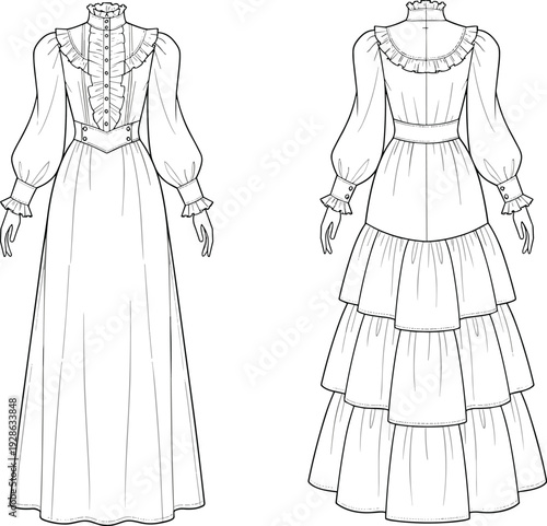 Vintage Long‑Sleeve Full‑Length Dress with High Ruffled Neckline, Buttoned Bodice, Belted Waist, Puff Sleeves, and Tiered Layered Skirt Detailing