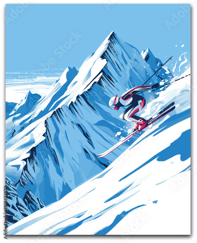 Alpine skiing illustration, flat design artwork showing a dynamic athlete against the Dolomites mountain backdrop for Milano Cortina 2026 Winter sports concept.