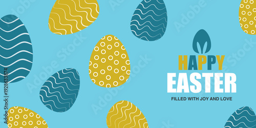 Happy Easter Modern Banner with Patterned Eggs. Set of Easter Eggs.