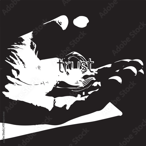 White abstract hands reaching towards the word trust in black and white connection concept faith des