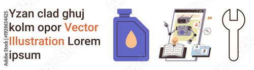 Technology, automation, repair, industrial tools, artificial intelligence, technical learning. Robot setup with oil, spanner and manual. Technology and automation concepts