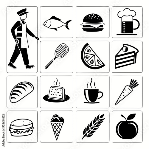 Collection of diverse food and drink icons, featuring a chef, fish, burger, beer, whisk, fruit slices, cake, bread, coffee, and carrot.