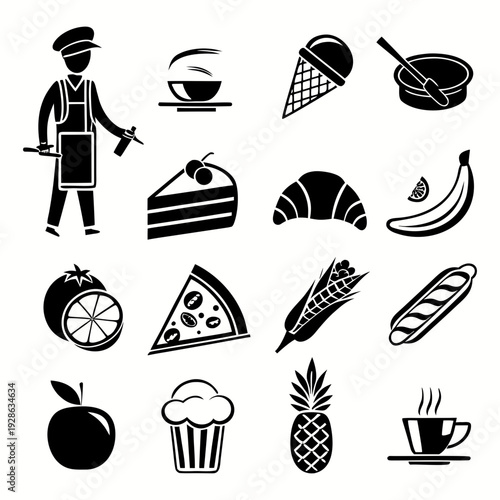 Set of food and beverage icons including a chef, bowl, ice cream cone, cake, croissant, banana, pizza, corn, bread, cupcake, pineapple, and coffee.