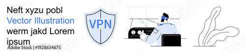 Cybersecurity, online privacy, remote work, encrypted connections, data protection, technology services. Shield icon with VPN text, man working at desk abstract element. Cybersecurity and online