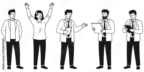 Professional team illustration, scientists doctors, lab coats, clipboard tablet, expressive gestures, collaborative motif, research artwork, medical design, group professionals, flat vector drawing