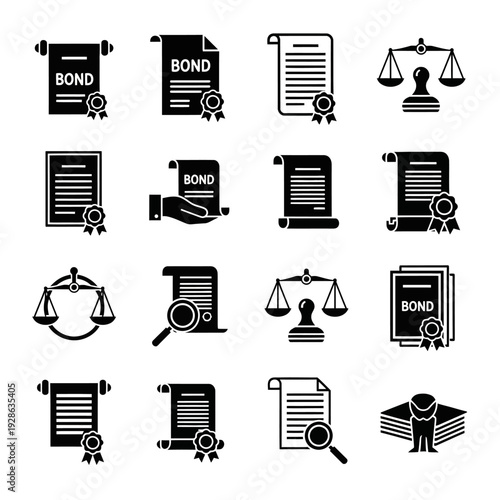 Collection of black icons representing legal documents and justice symbols.
