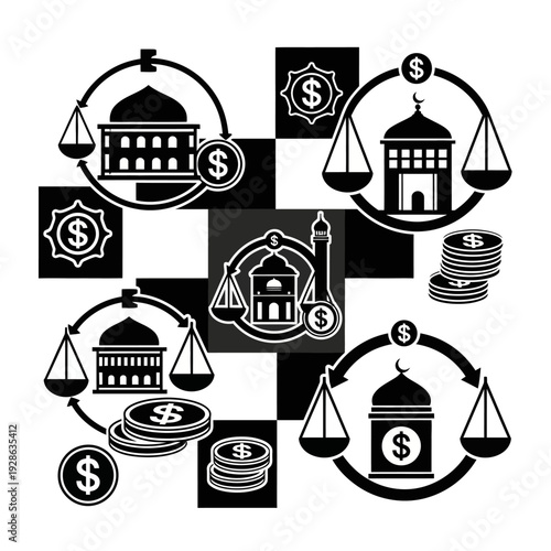 Financial balance and government institutions illustration.