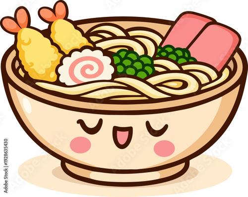A bowl of delicious udon noodles, topped with crispy shrimp tempura, pink fish cakes, and green vegetables. 