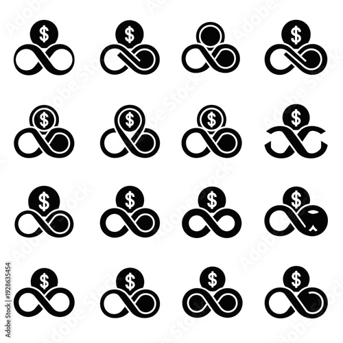 Collection of black infinity symbols with dollar signs in various designs.