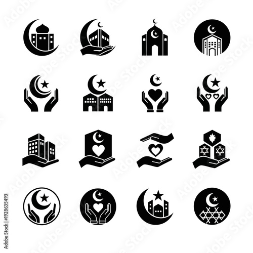 Collection of Islamic symbols and icons in black and white.